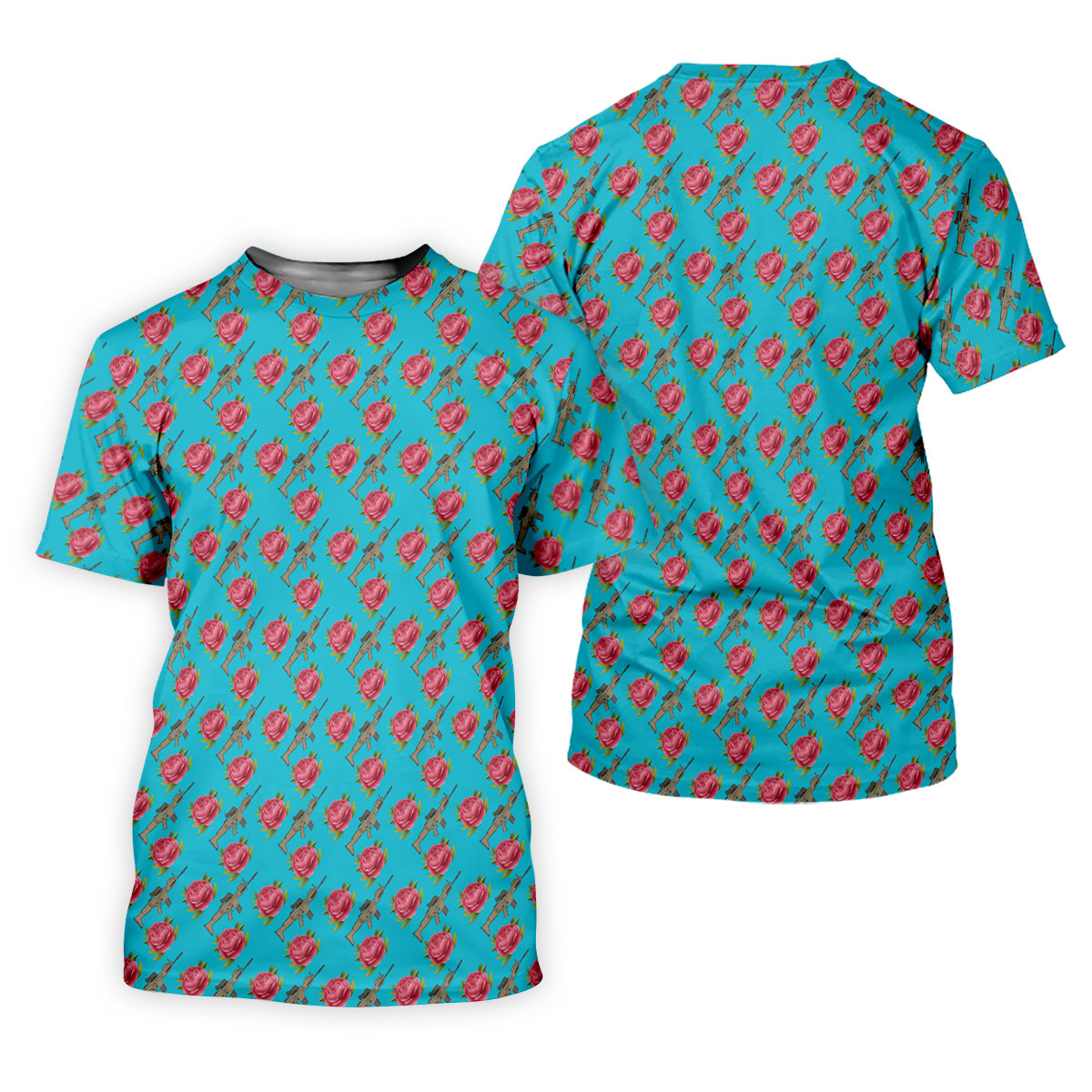 Gun And Rose Seamless Pattern Blue Golf Shirt, Golf Tops For Men, Golf Shirts For Men