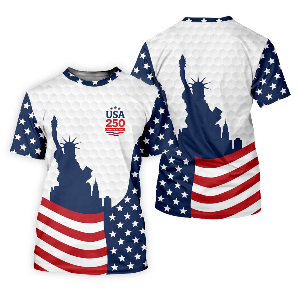 USA 250 Anniversary Silhouette Of Statue Of Liberty White Golf Shirt, 4th Of July Golf Shirts For Men