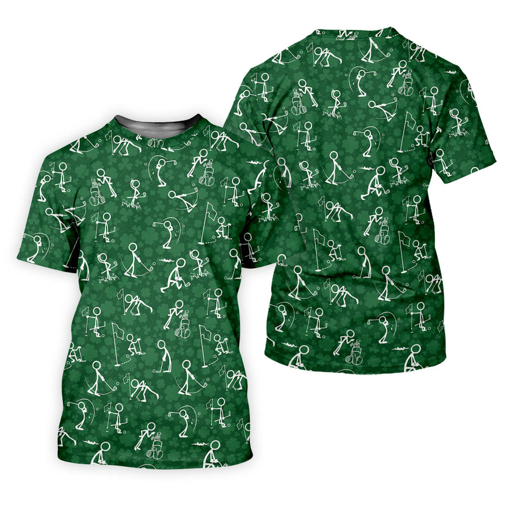 Stick Figure Golf Pose Shamrock Golf Shirt, St Patrick's Day Golf Tops For Men, Polo ShirtFor Men