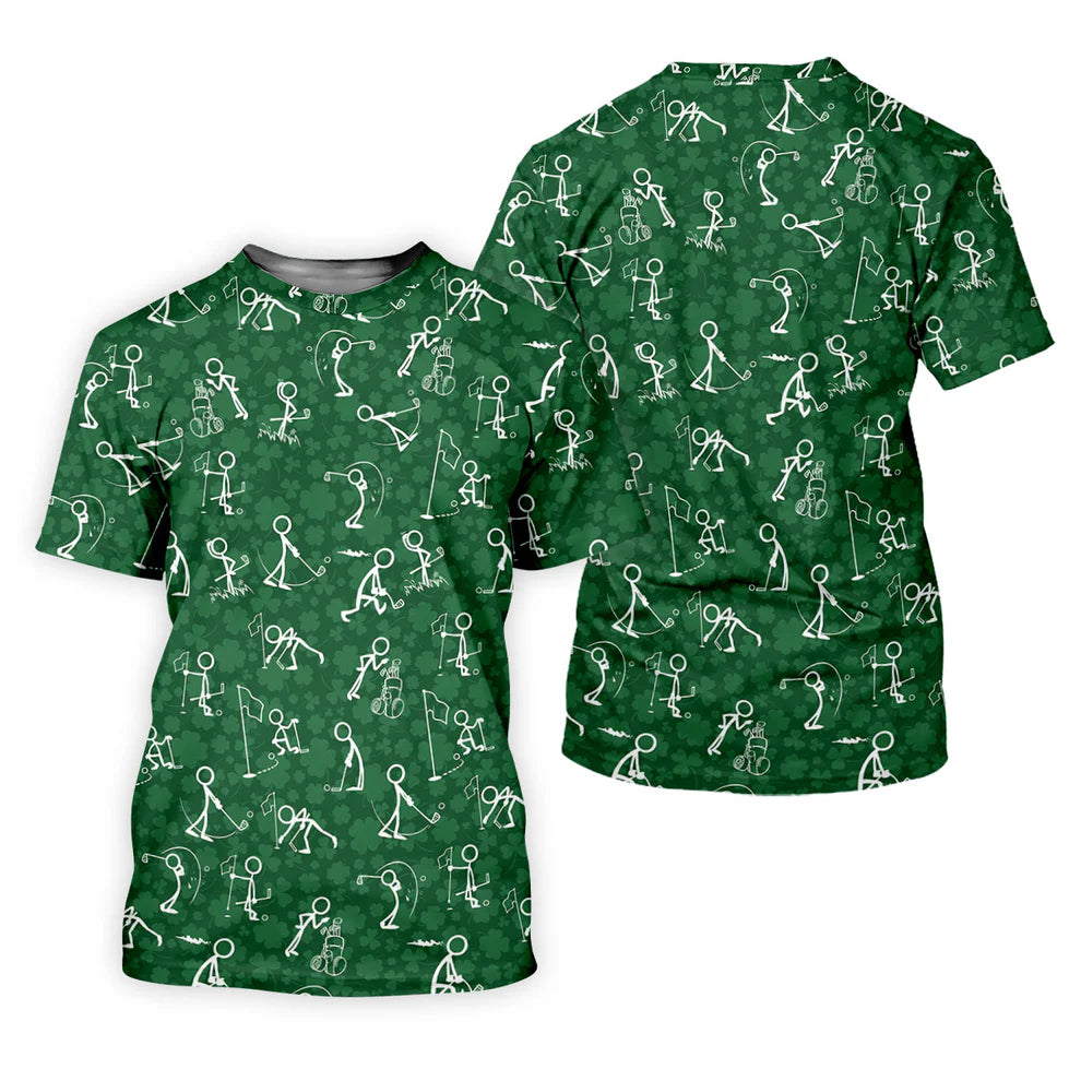 Men’s St. Patrick’s Day Golf Shirt, Shamrock Stick Figure Golfer Graphic