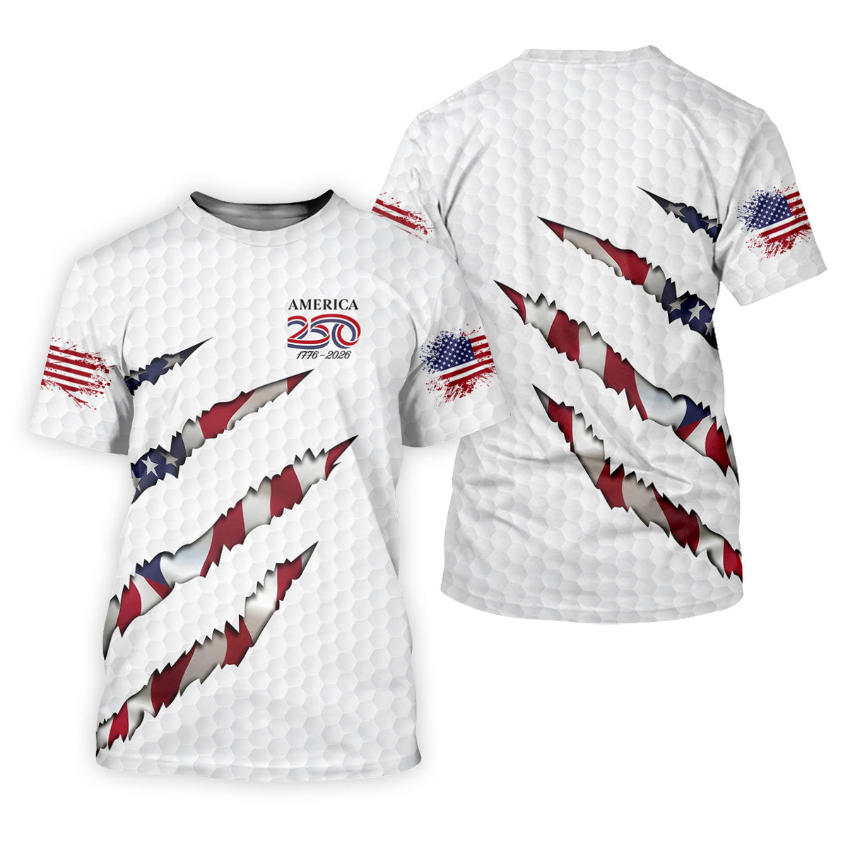 America 250 1776-2026 Scratched Flag Golf Ball Pattern White Golf Shirt, Patriotic 4th Of July Golf Shirts For Men