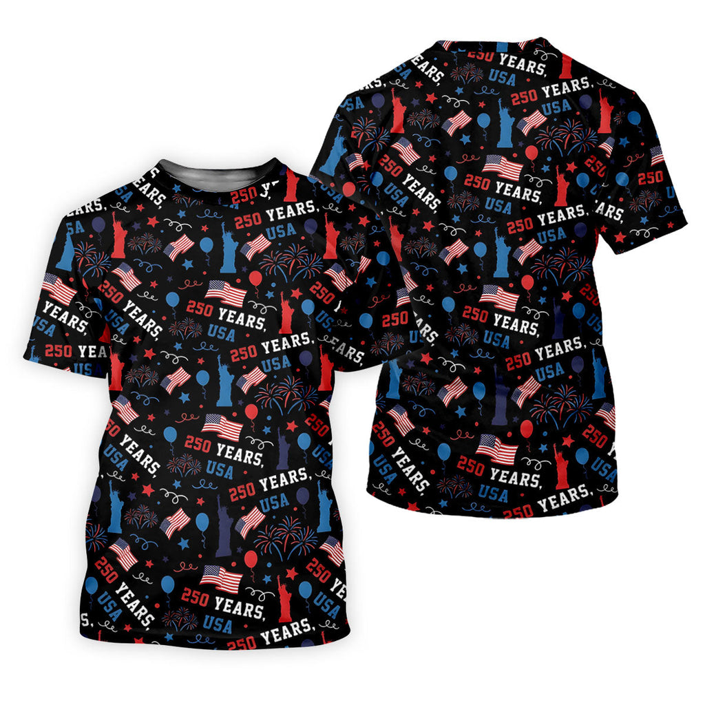 250 Years USA Red White Blue Seamless Pattern Black Golf Shirt, Patriotic 4th Of July Golf Shirts For Men