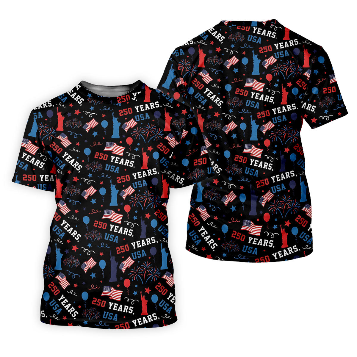 250 Years USA Red White Blue Seamless Pattern Black Golf Shirt, Patriotic 4th Of July Golf Shirts For Men