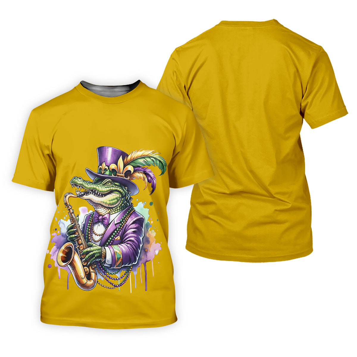 Mardi Gras Alligator Playing Saxophone Yellow Golf Shirt, Golf Shirts For Men, Polo Shirts For Men
