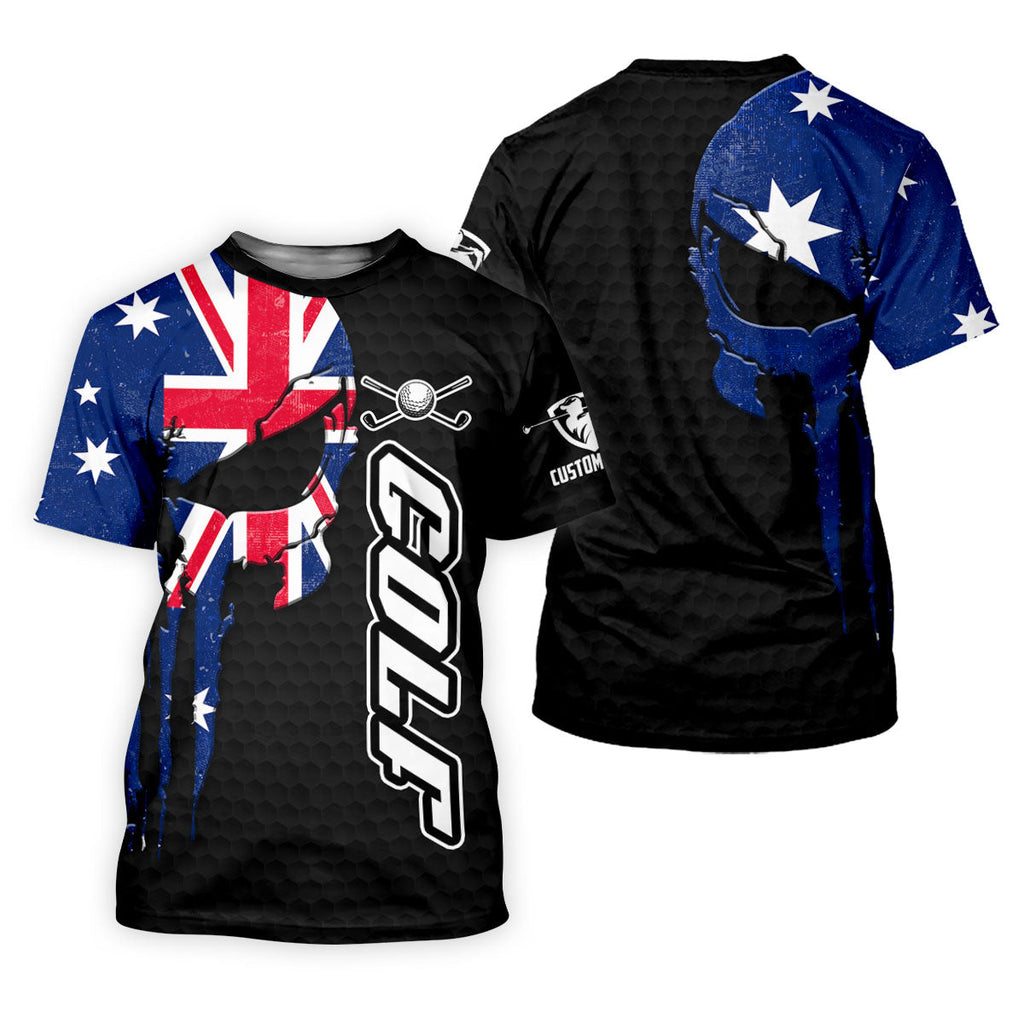 Cool Skull Golf Ball Pattern Australia Flag Print Black Golf Shirt, Polo Shirts For Men