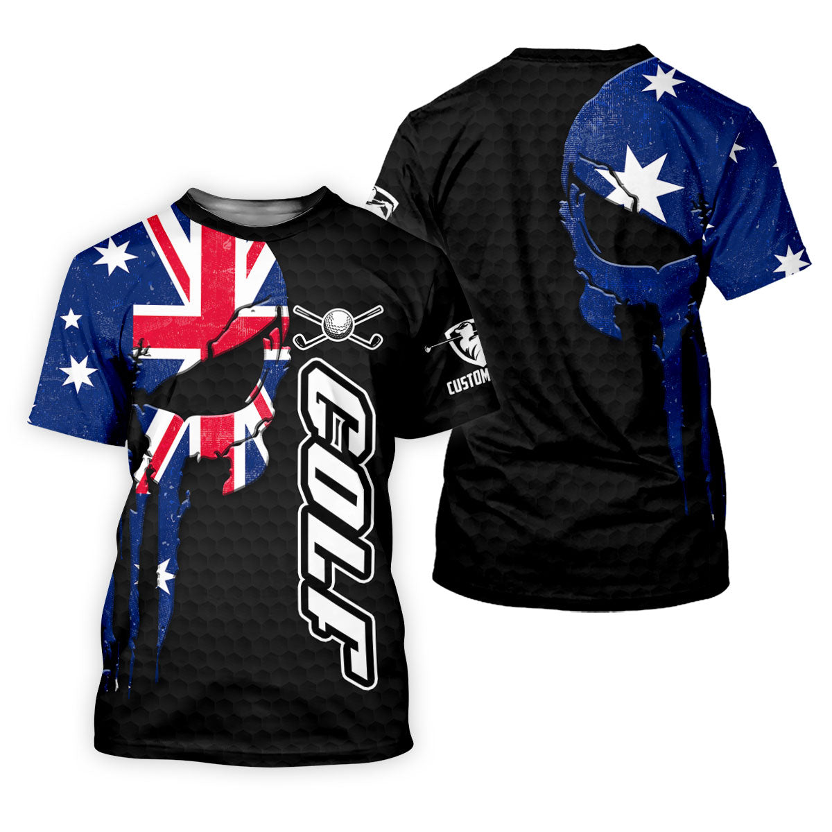 Cool Skull Golf Ball Pattern Australia Flag Print Black Golf Shirt, Polo Shirts For Men