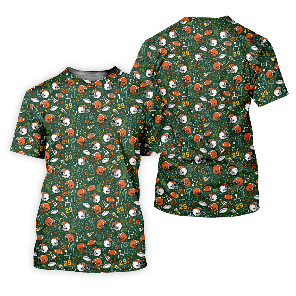 Orange And White Football Helmet Trophy Pattern Green Men Polo, Game Day Football Theme Polo For Men