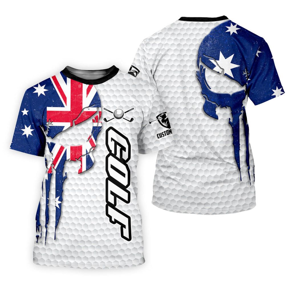 Cool Skull Golf Ball Pattern Australia Flag Print White Golf Shirt, Polo Shirts For Men
