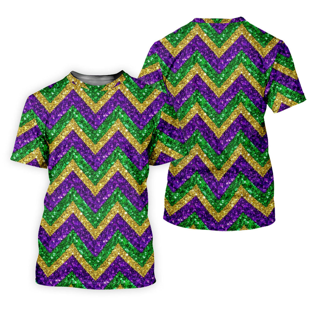 Mardi Gras Purple Gold Green Zigzag Pattern Glitter Print Golf Tops For Men, Polo Shirts For Men, Golf Shirts For Men
