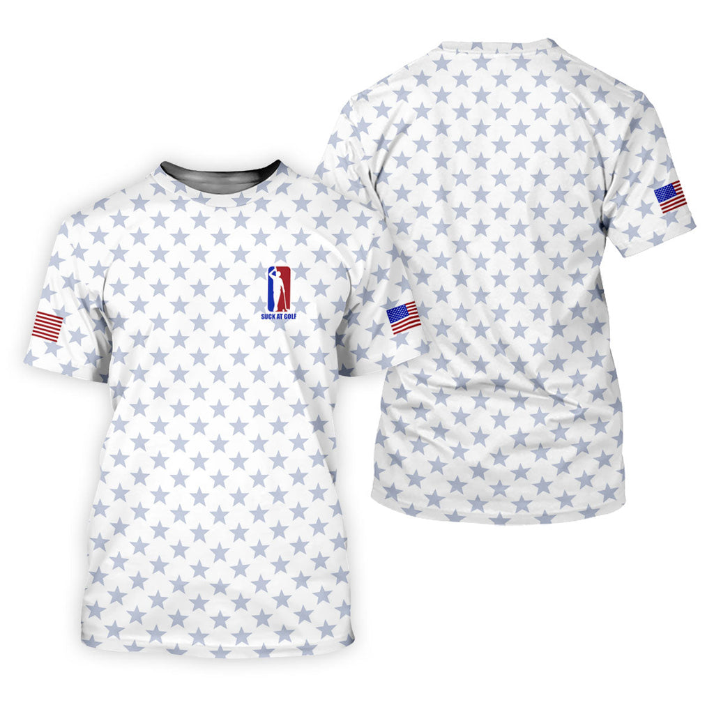 Suck At Golf Patriotic 4th Of July Stars Pattern White Golf Shirt, 250th Anniversary Golf Shirts For Men