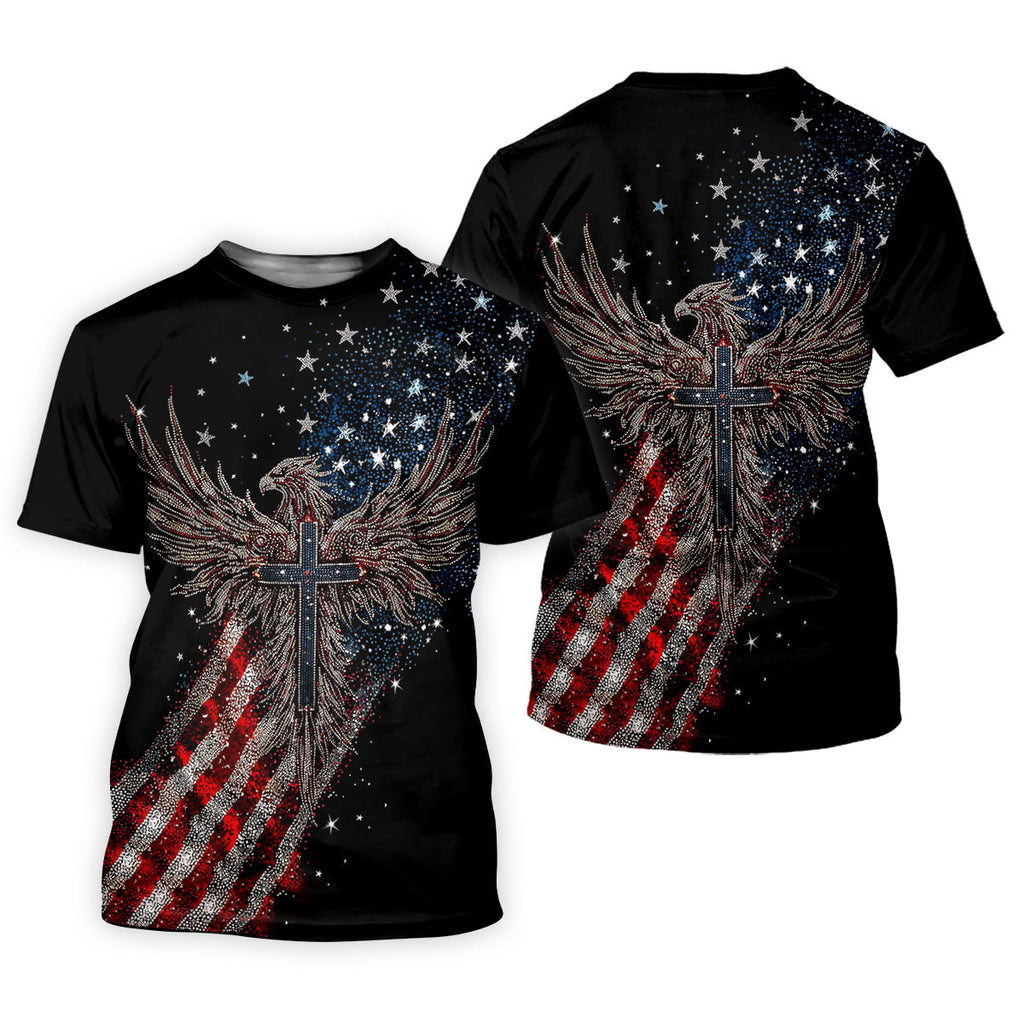 Faith Cross Patriotic Eagle Rhinestones Pattern 4th Of July Golf Shirt, 250 Years Golf Shirts For Men