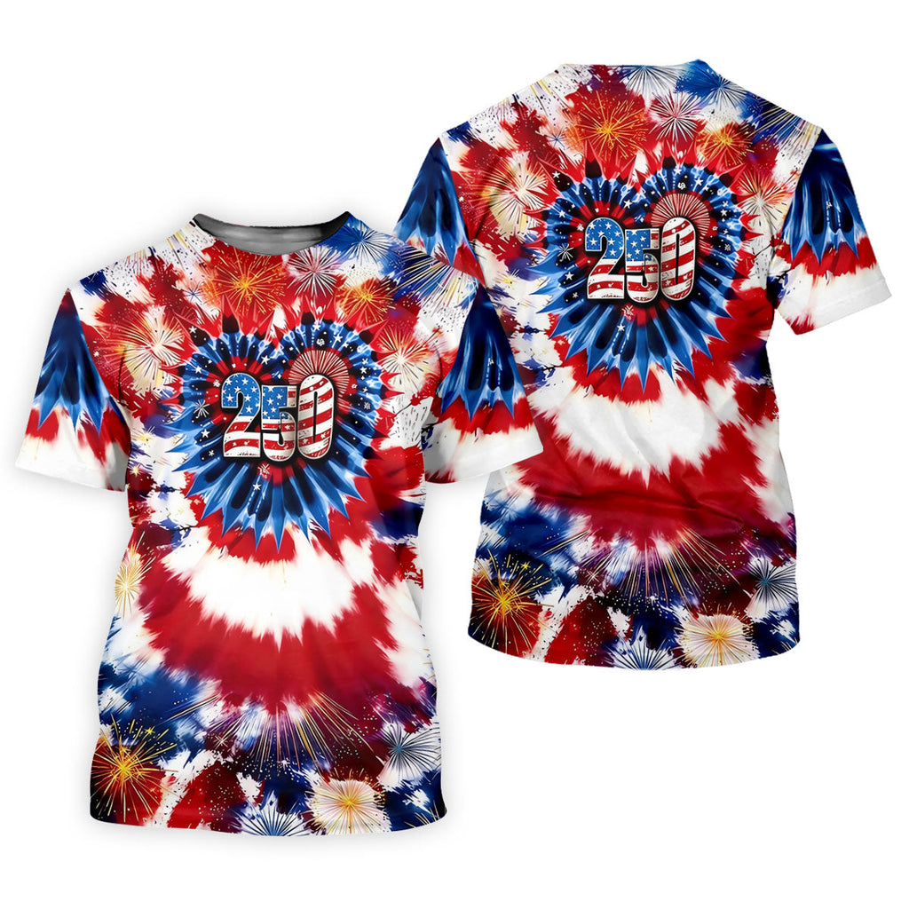 250 Years Red White Blue Tie Dye Print Patriotic Golf Shirt, 4th Of July Golf Shirts For Men