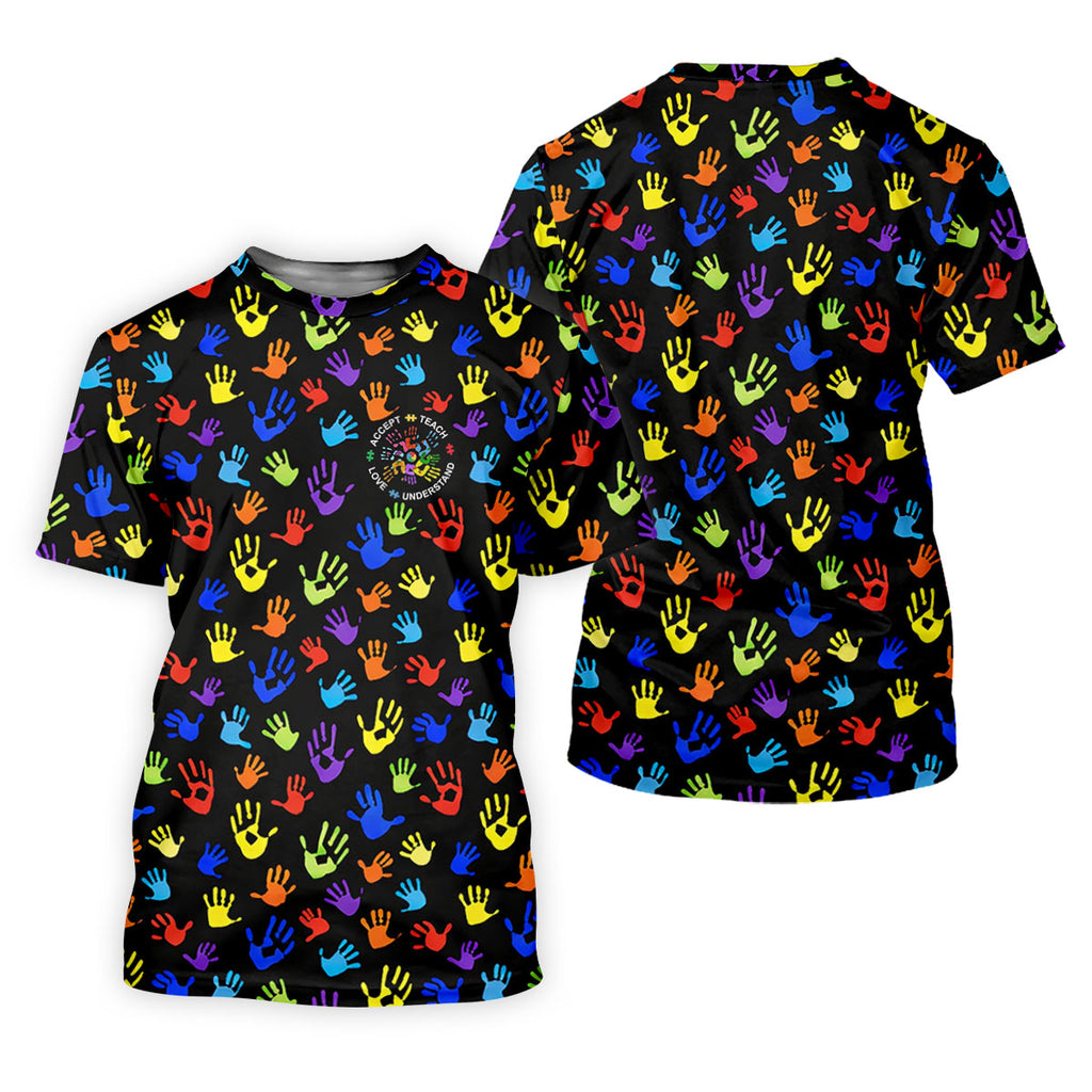 Accept Teach Understand Love Autism Awareness Colorful Handprint Black Golf Shirt, Golf Shirts For Men
