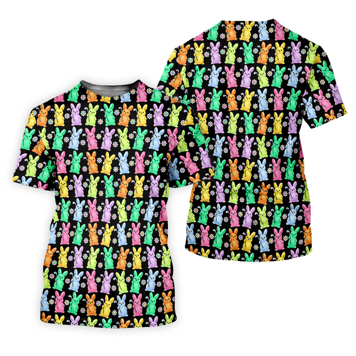 Colorful Easter Bunny Black Golf Shirt, Cute Golf Outfit, Golf Shirts For Men, Golf Gift For Men
