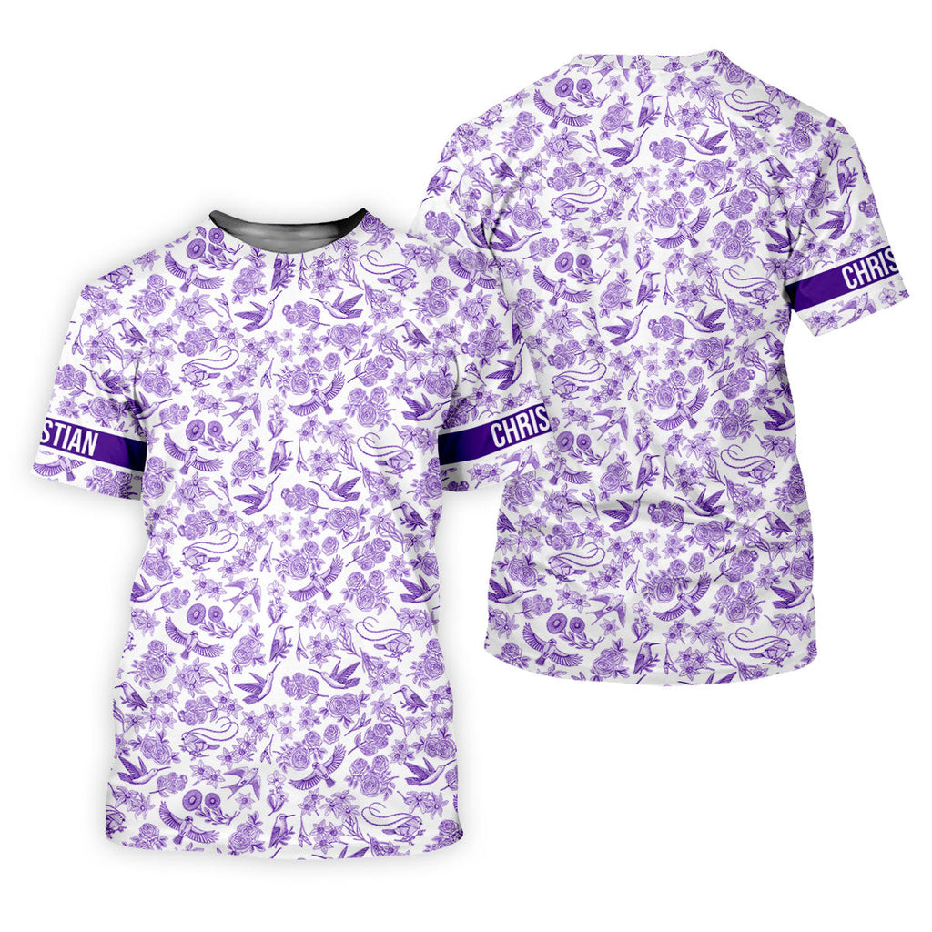 Custom Name Toile de Jouy Birds And Flowers Purple And White Polo Shirts For Men, Golf Gift For Men