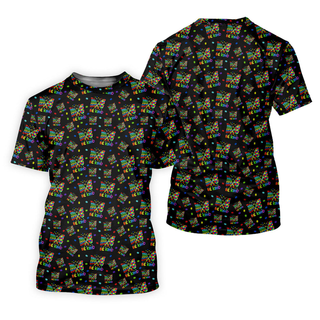 In A World Where You Can Be Anything Be Kind Rainbow Butterfly Autism Awareness Black Golf Shirt, Golf Shirts For Men
