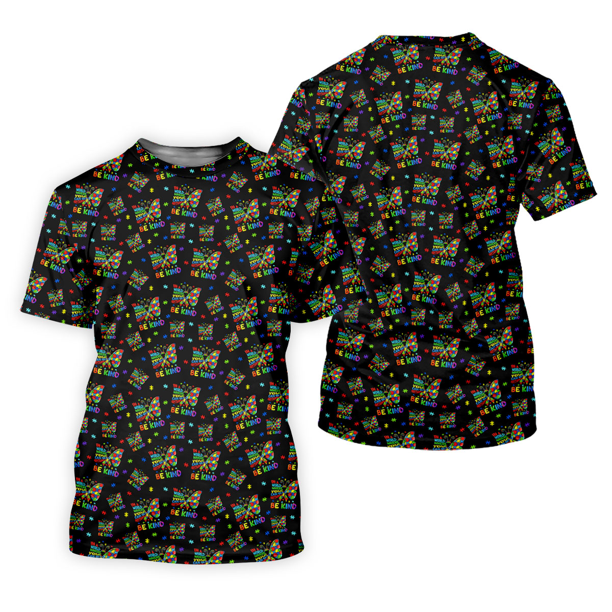 In A World Where You Can Be Anything Be Kind Rainbow Butterfly Autism Awareness Black Golf Shirt, Golf Shirts For Men