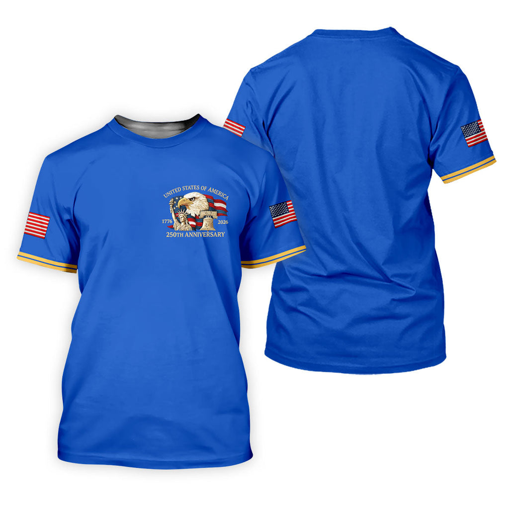 Bald Eagle American Flag 250 Years Blue Golf Shirt, Patriotic 4th Of July Golf Shirts For Men