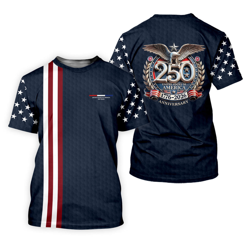 250 Years US Bald Eagle Golf Ball Pattern Golf Shirt, Patriotic 4th Of July Golf Shirts For Men