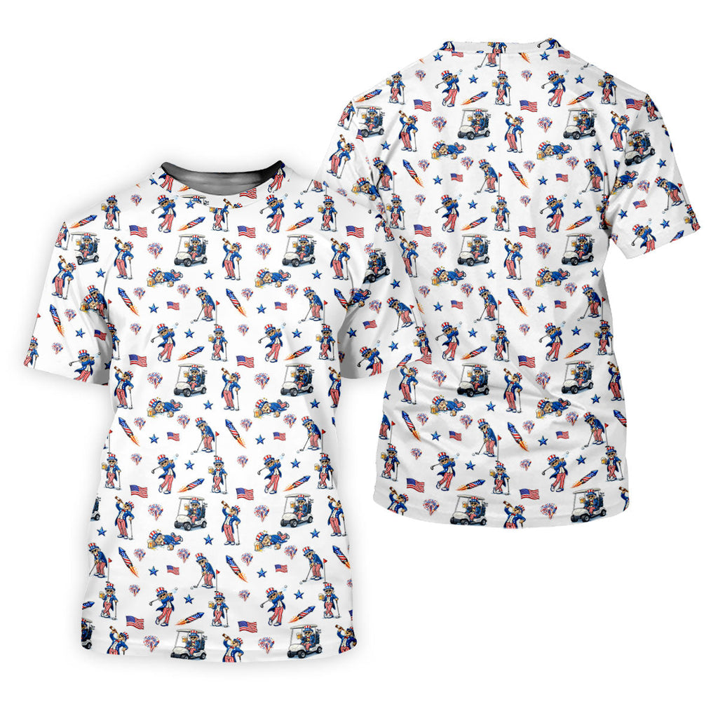 Patriotic Man Golf And Beer Funny 4th Of July White Golf Shirt, 250 Years Seamless Pattern Golf Shirts For Men