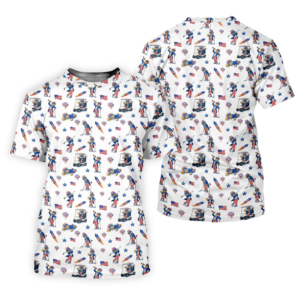 Patriotic Man Golf And Beer Funny 4th Of July White Golf Shirt, 250 Years Seamless Pattern Golf Shirts For Men