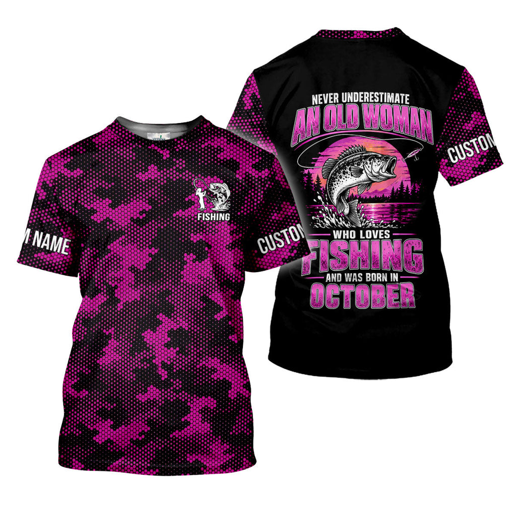 Never Underestimate An Old October Fishing Woman UPF Shirt, Womens Fishing Shirt