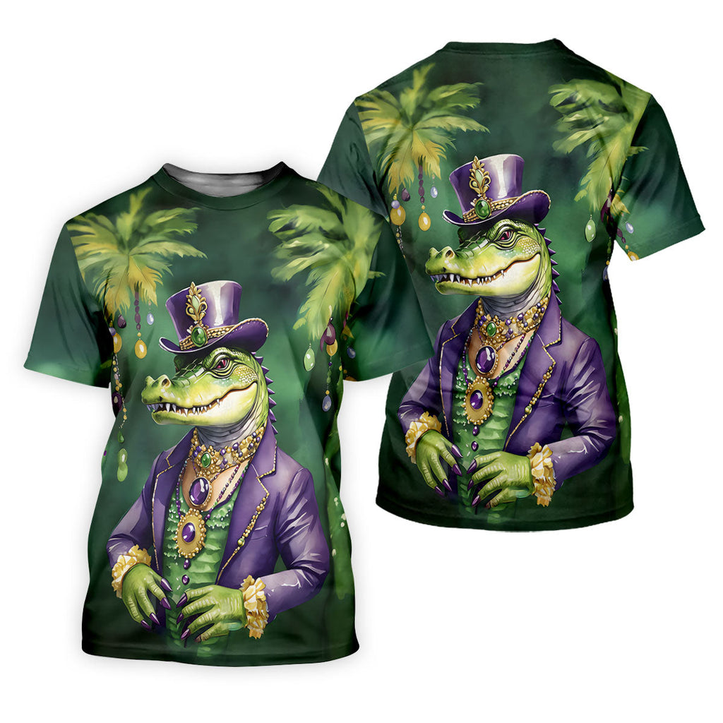 Mardi Gras Alligator Decorated Palm Tree Print Golf Shirt, Polo Shirts For Men, Golf Shirts For Men