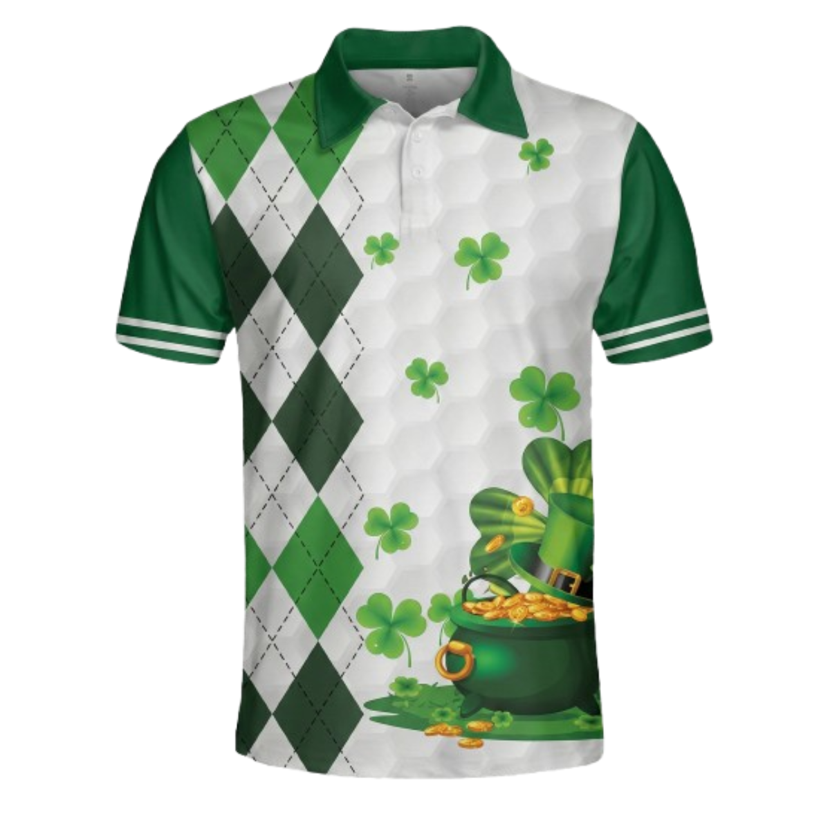 Men’s St. Patrick’s Day Golf Polo Shirt, Green Shamrock Argyle Irish Lucky Print, Short Sleeve Golf Apparel