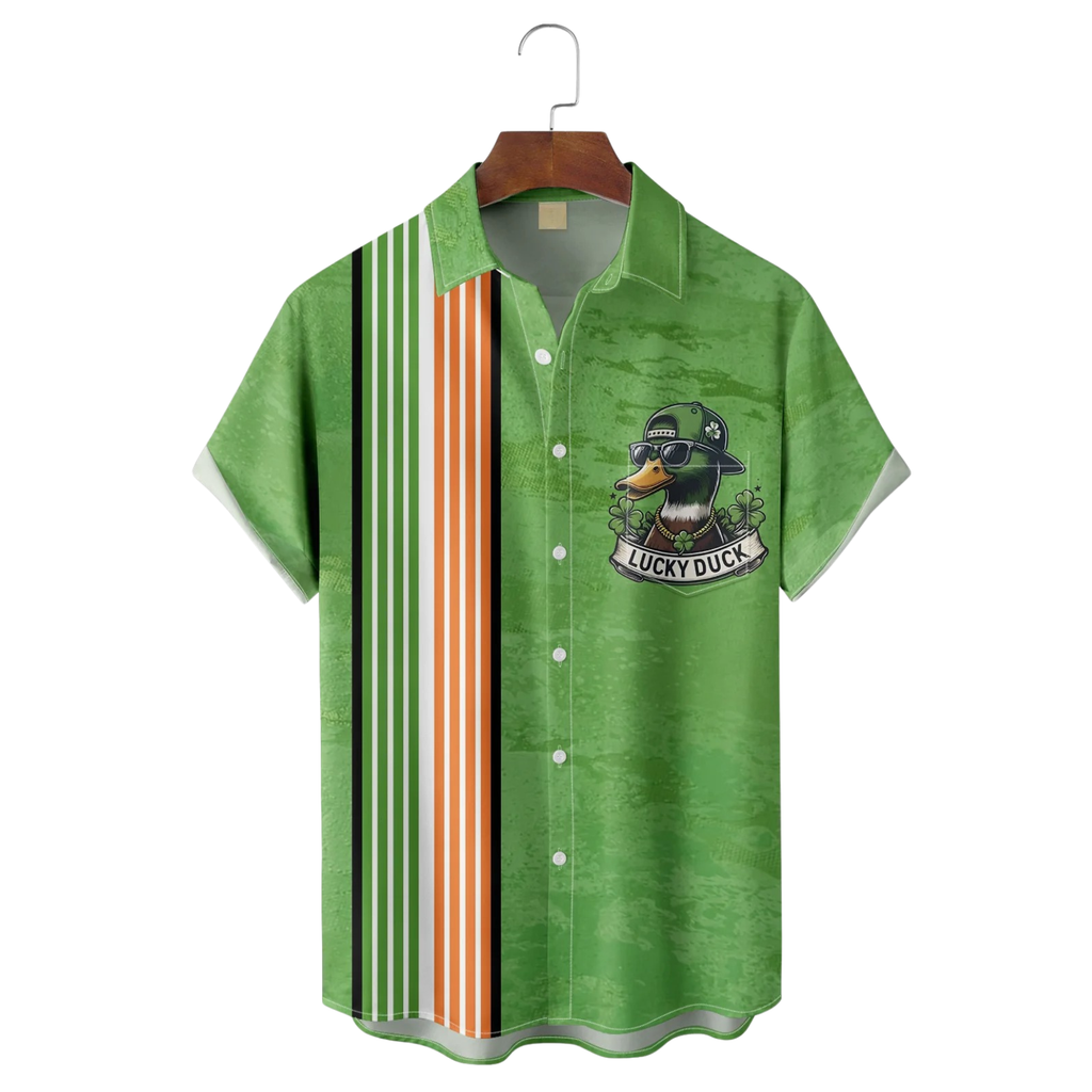St. Patrick's Day Duck Four-Leaf Clover Lucky Duck Hawaiian Golf Shirt, Tropical Vibe Men's Golf Shirt