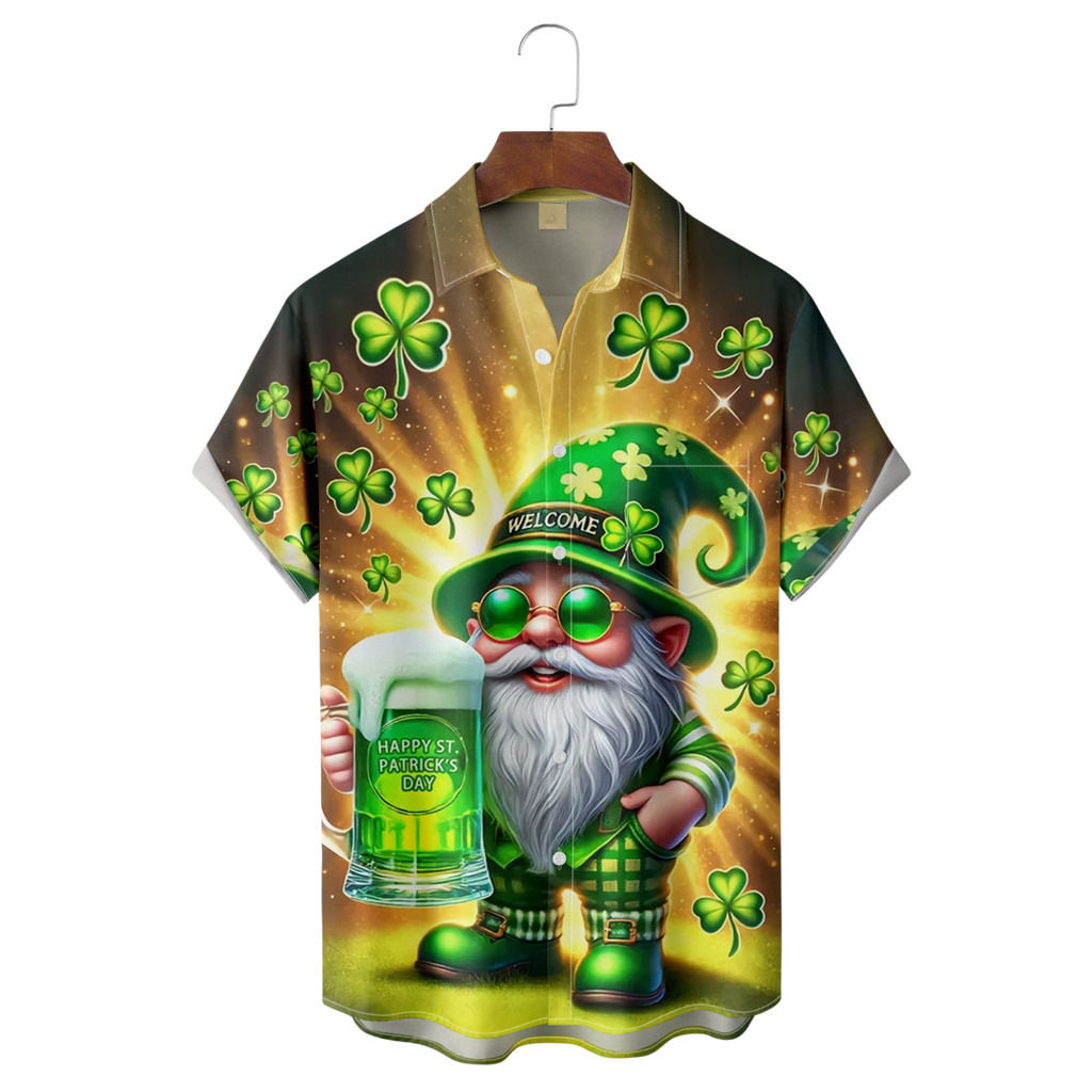 St. Patrick's Day Shamrock Gnome Beer Hawaiian Golf Shirt, Shamrock Golf Shirts, Men's Golf Shirt