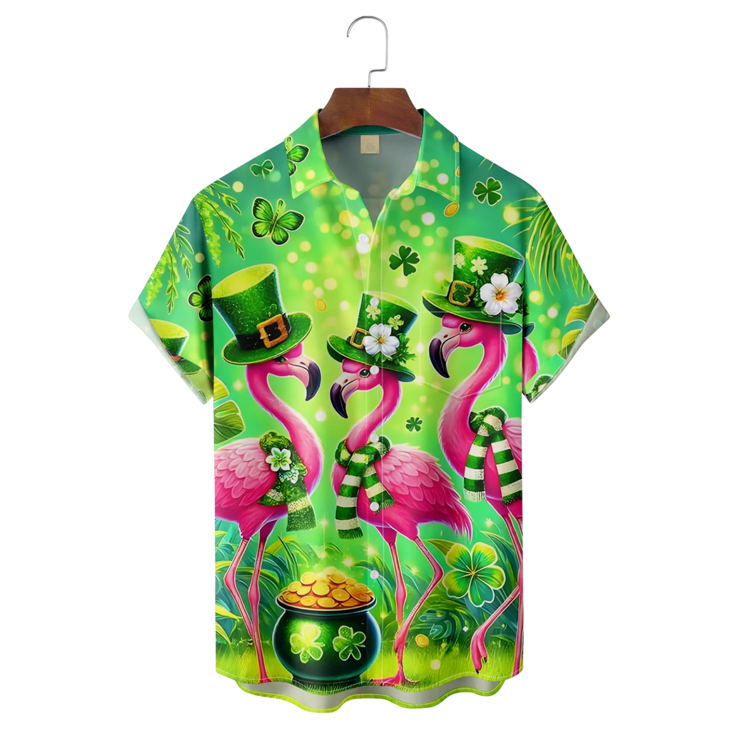 St. Patrick's Day Four Leaf Clover Flamingo Hawaiian Golf Shirt, Funny Flamingo Men's Golf Shirt