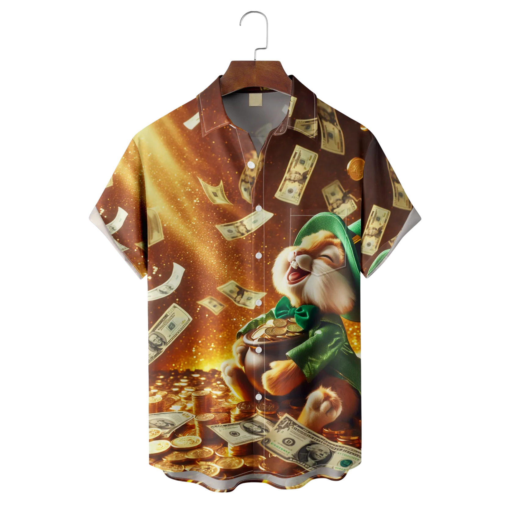 St Patrick‘s Day Shamrock Gold Coins US Dollars Easter Bunny Hawaiian Golf Shirt,  Men's Golf Shirt