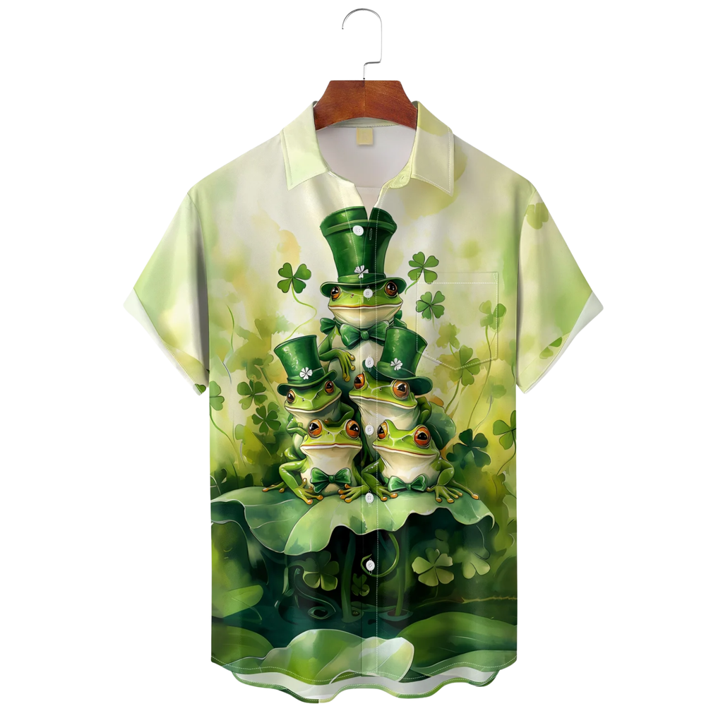 St. Patrick's Day Frog Family Four-Leaf Clover Green Hawaiian Golf Shirt, Tropical Vibe Men's Golf Shirt