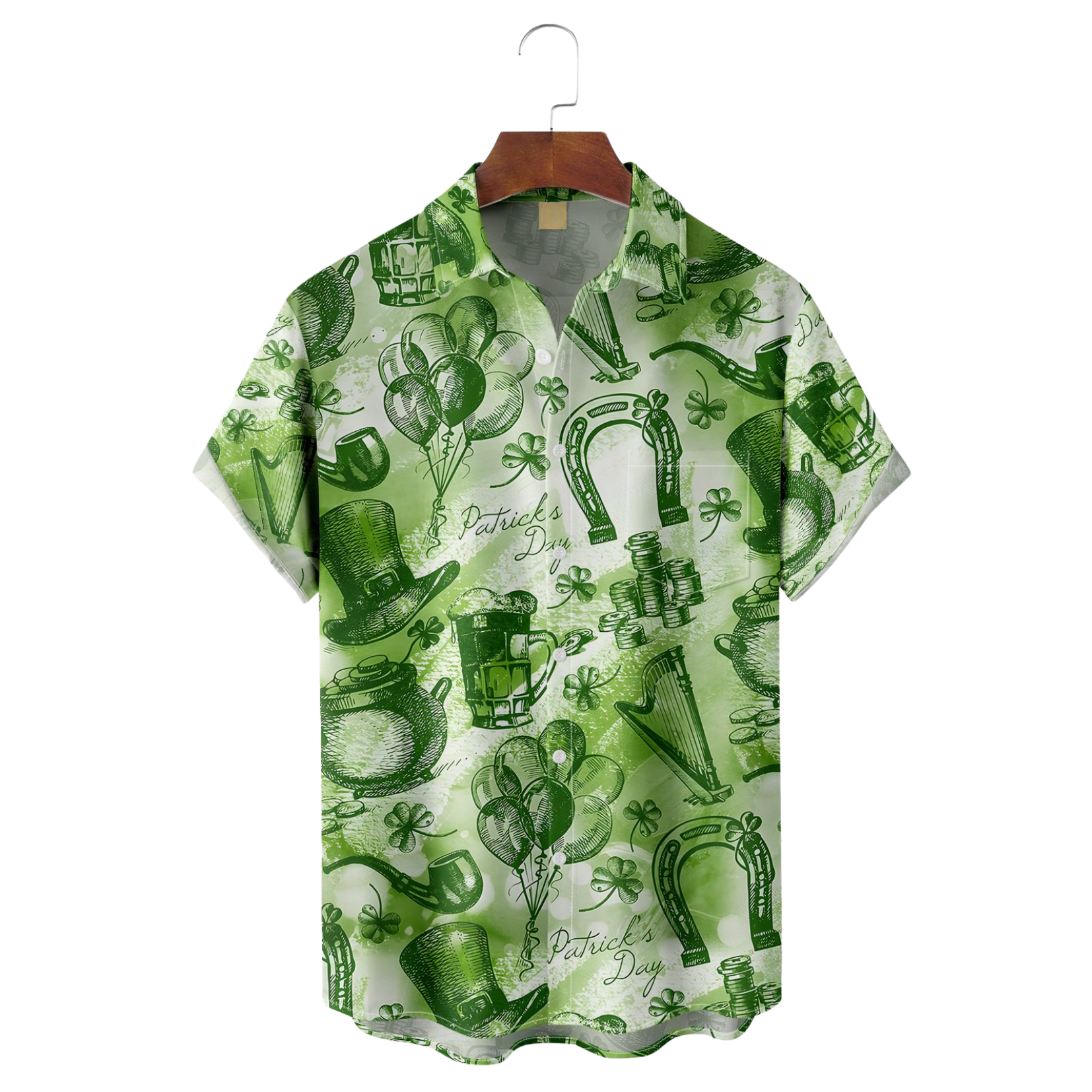 Green St. Patrick's Day Lucky Clover Gold Coins Beer Hawaiian Golf Shirt, Tropical Vibe Men's Golf Shirt