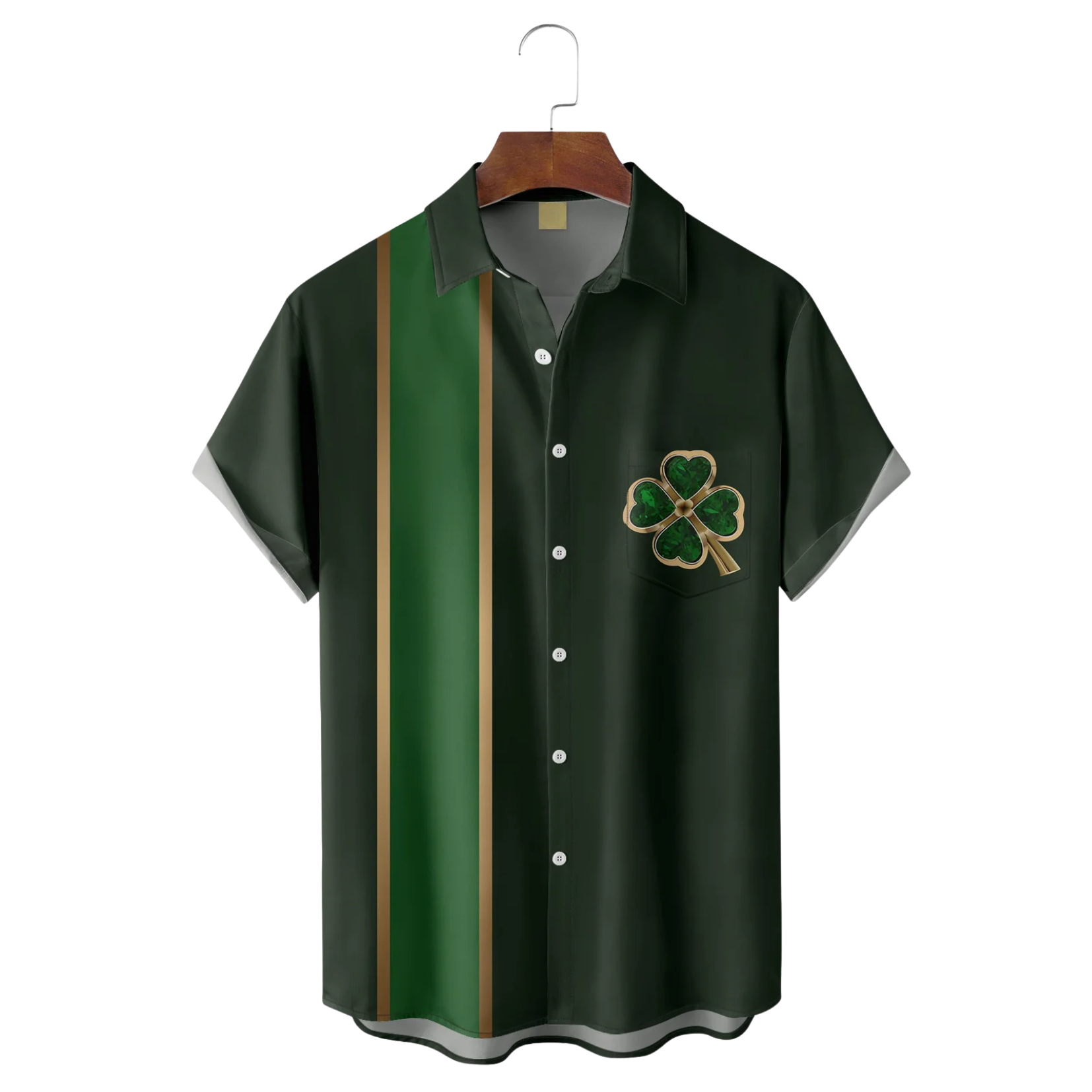 St. Patrick's Day Four Leaf Clover Black Dark Green Hawaiian Golf Shirt, St Paddy's Day Tropical Vibe Men's Golf Shirt