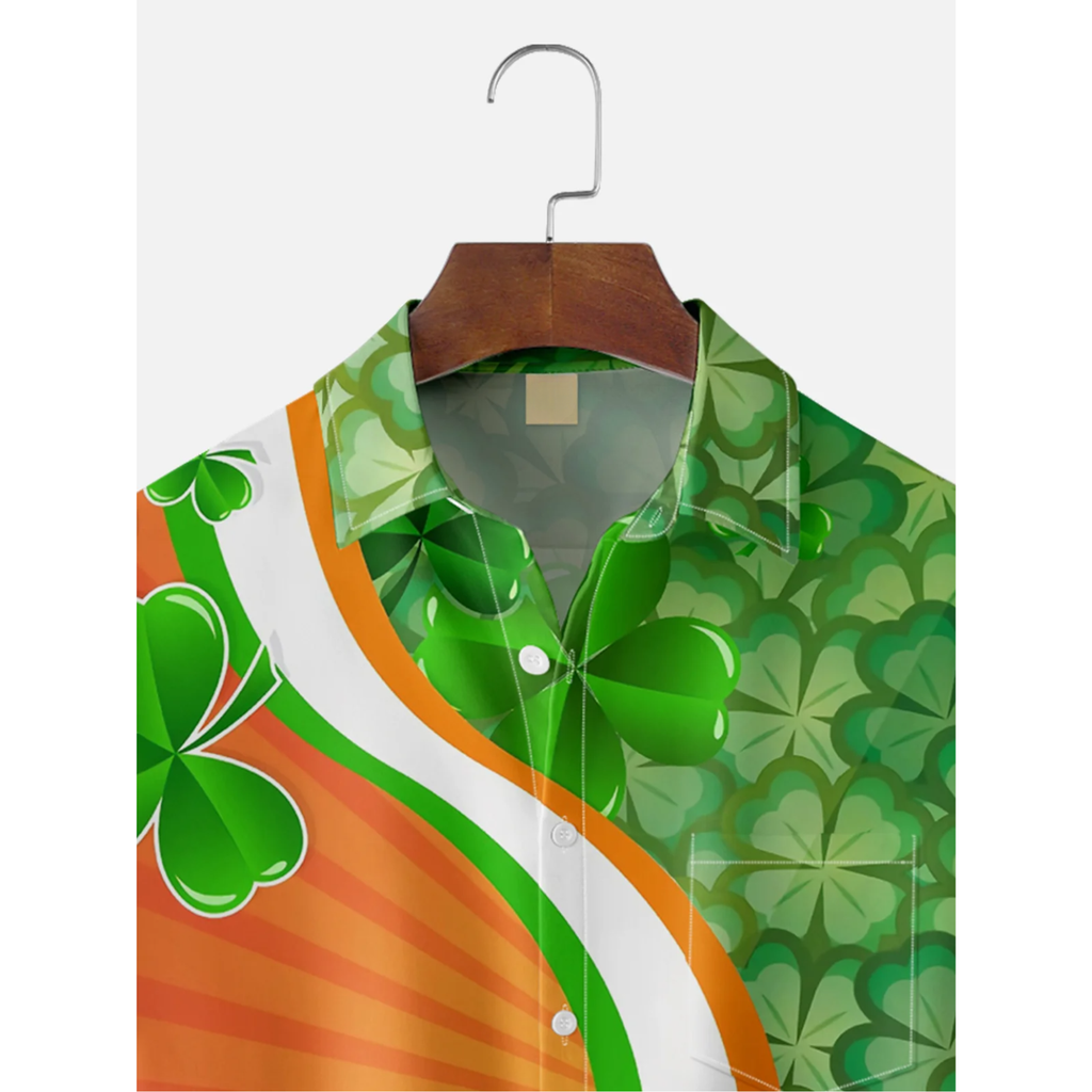 St. Patrick's Day Lucky Four Leaf Clover Orange And Green Hawaiian Golf Shirt, Tropical Vibe Men's Golf Shirt
