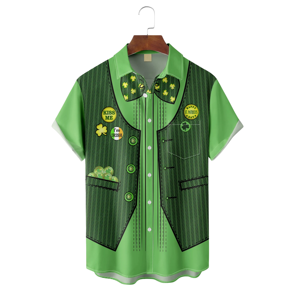 Green St. Patrick's Day Lucky Clover Gold Coins Hawaiian Golf Shirt, Tropical Vibe Men's Golf Shirt