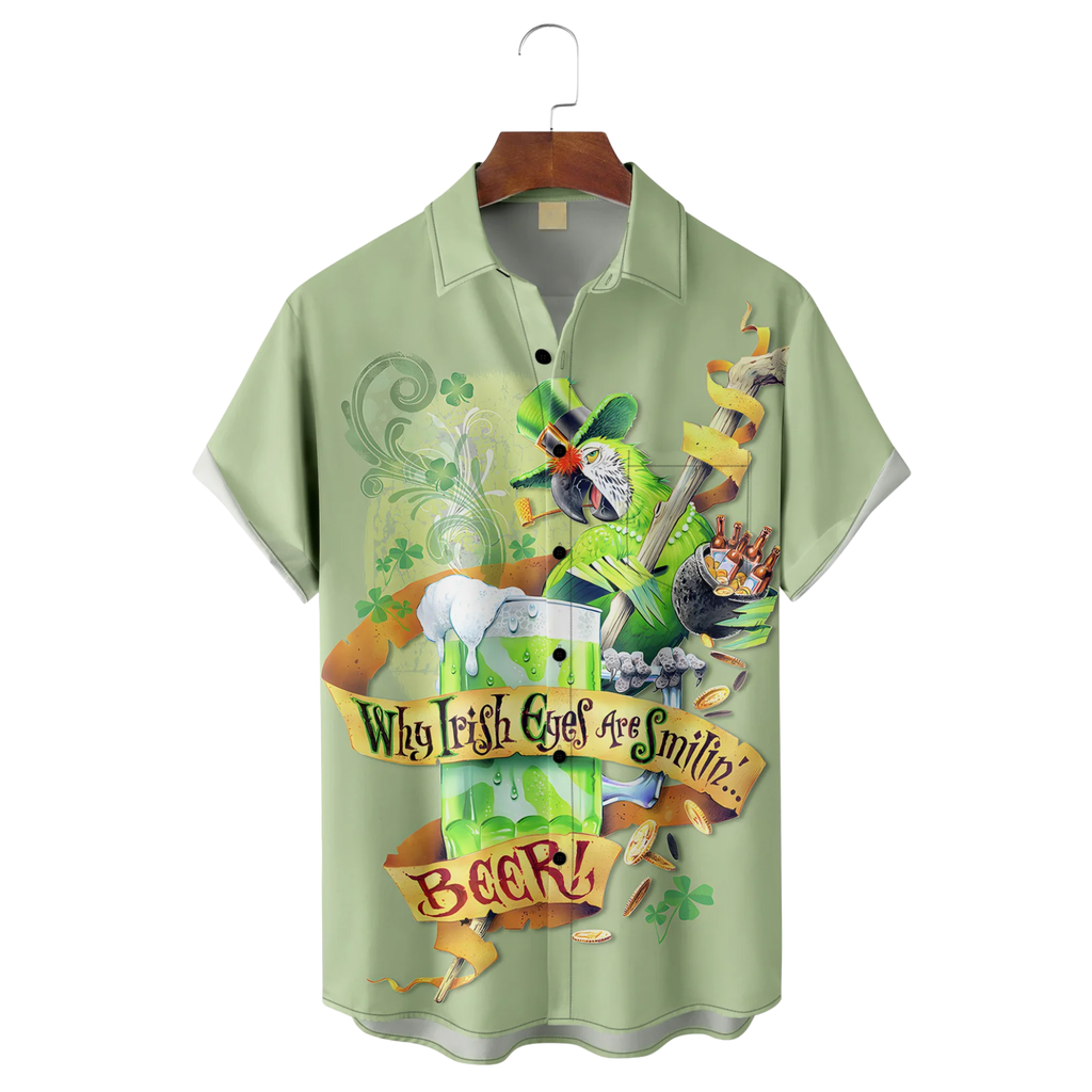 Green St. Patrick's Day Lucky Clover Parrot Beer Gold Coins Hawaiian Golf Shirt, Tropical Vibe Men's Golf Shirt