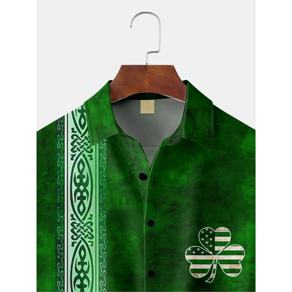 Green St. Patrick's Day Lucky Clover America Flag Print Hawaiian Golf Shirt, Tropical Vibe Men's Golf Shirt