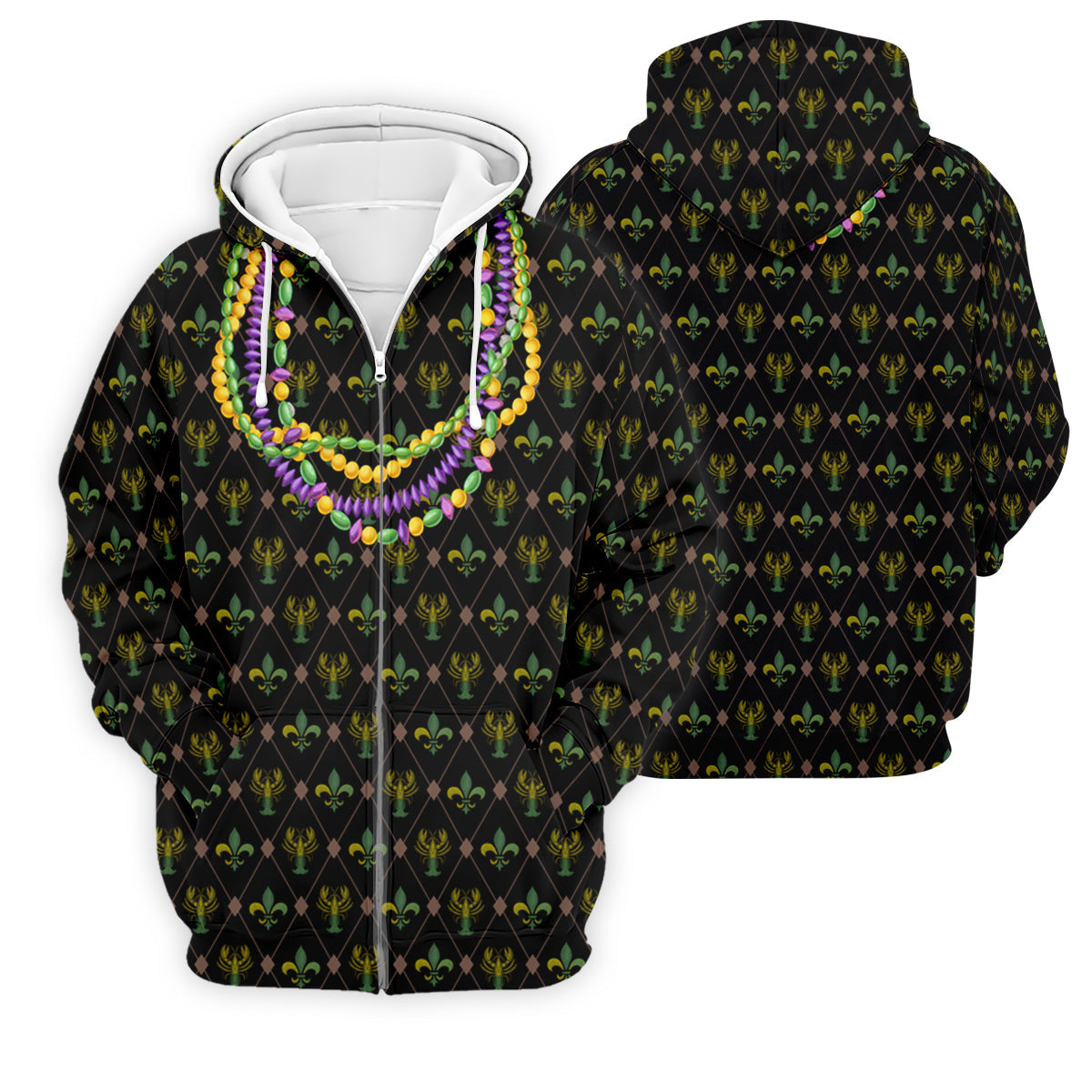 Mardi Gras Purple Green Gold Beads Chain Fleur De Lis Argyle Pattern Black Golf Shirt, Men's Golf Polo Shirts