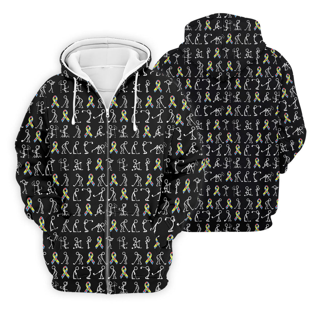 Stick Figure Golf Pose Autism Ribbon Black Golf Shirt, Autism Awareness Colors Golf Shirts For Men