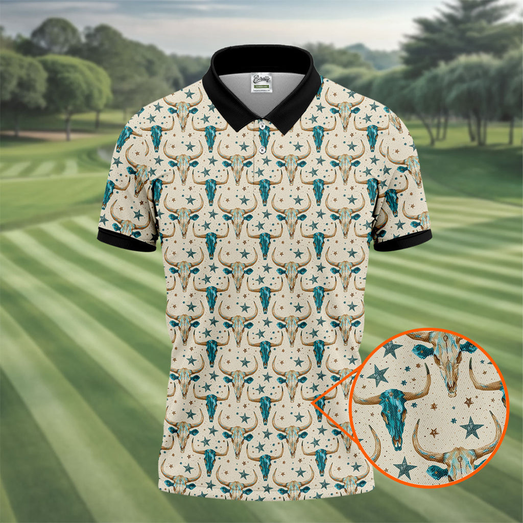 Cow Skulls Turquoise And Beige Western Theme Golf Tops For Men, Polo Shirts For Men, Golf Shirts For Men