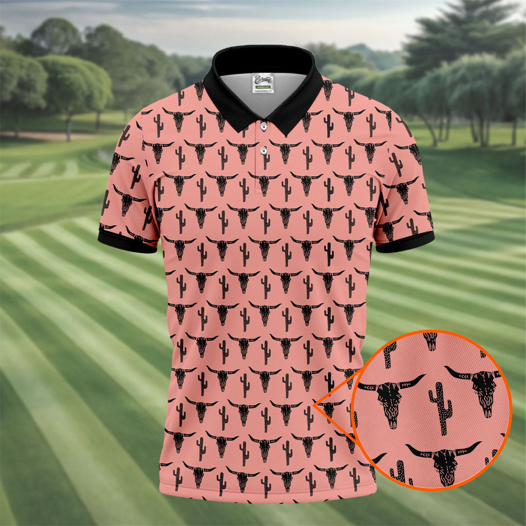 Longhorn Cow Skull Western Theme Peach Pink Golf Tops For Men, Polo Shirts For Men, Golf Shirts For Men