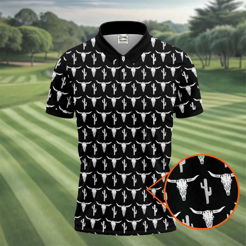 Longhorn Cow Skull Western Theme Black Golf Tops For Men, Polo Shirts For Men, Golf Shirts For Men