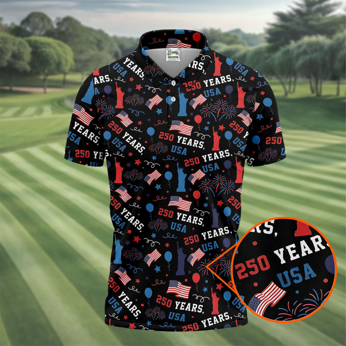 250 Years USA Red White Blue Seamless Pattern Black Golf Shirt, Patriotic 4th Of July Golf Shirts For Men