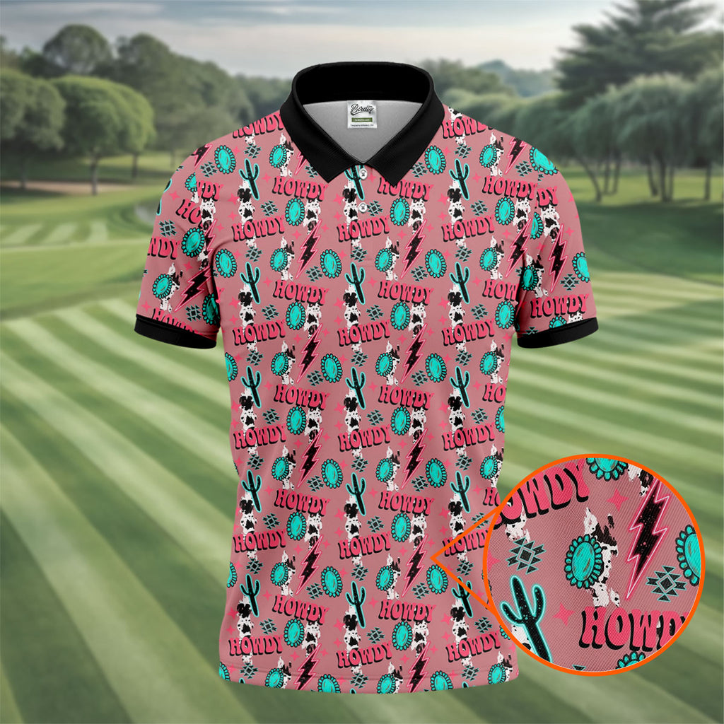 Howdy Pink Lightning Bolts Western Theme Golf Tops For Men, Polo Shirts For Men, Golf Shirts For Men