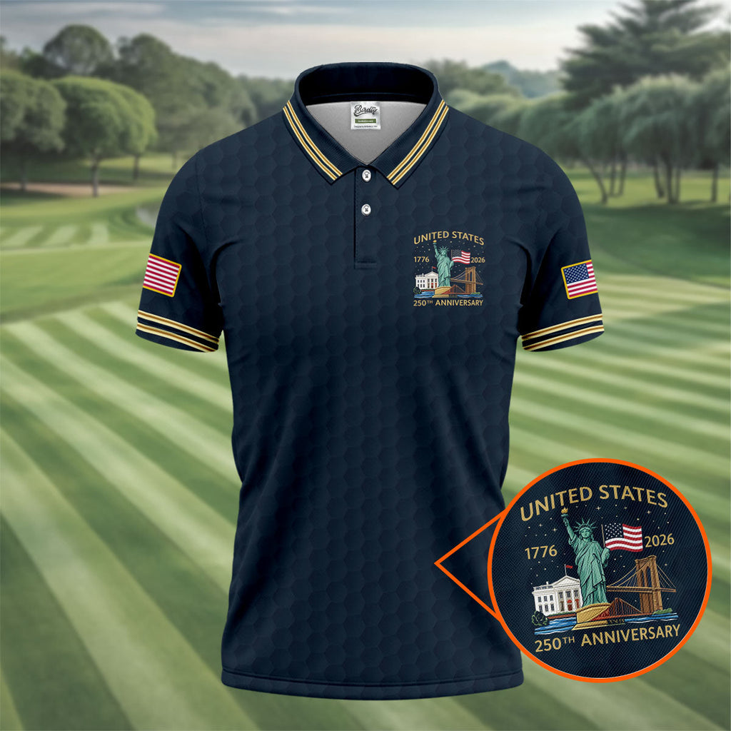 United States 250th Anniversary Golf Ball Pattern Navy Golf Shirt, 4th Of July Patriotic Golf Shirts For Men