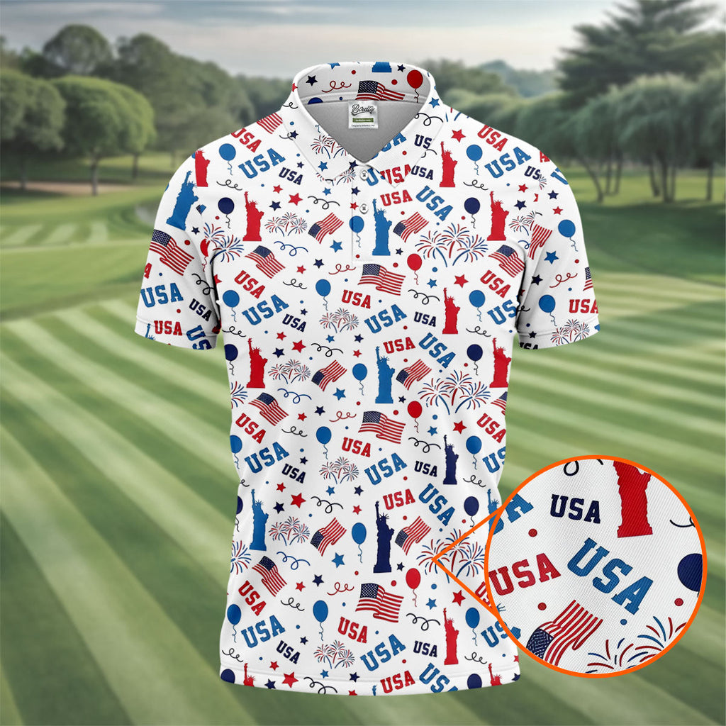 USA Red White Blue Seamless Pattern White Golf Shirt, 250th Anniversary Patriotic 4th Of July Golf Shirts For Men