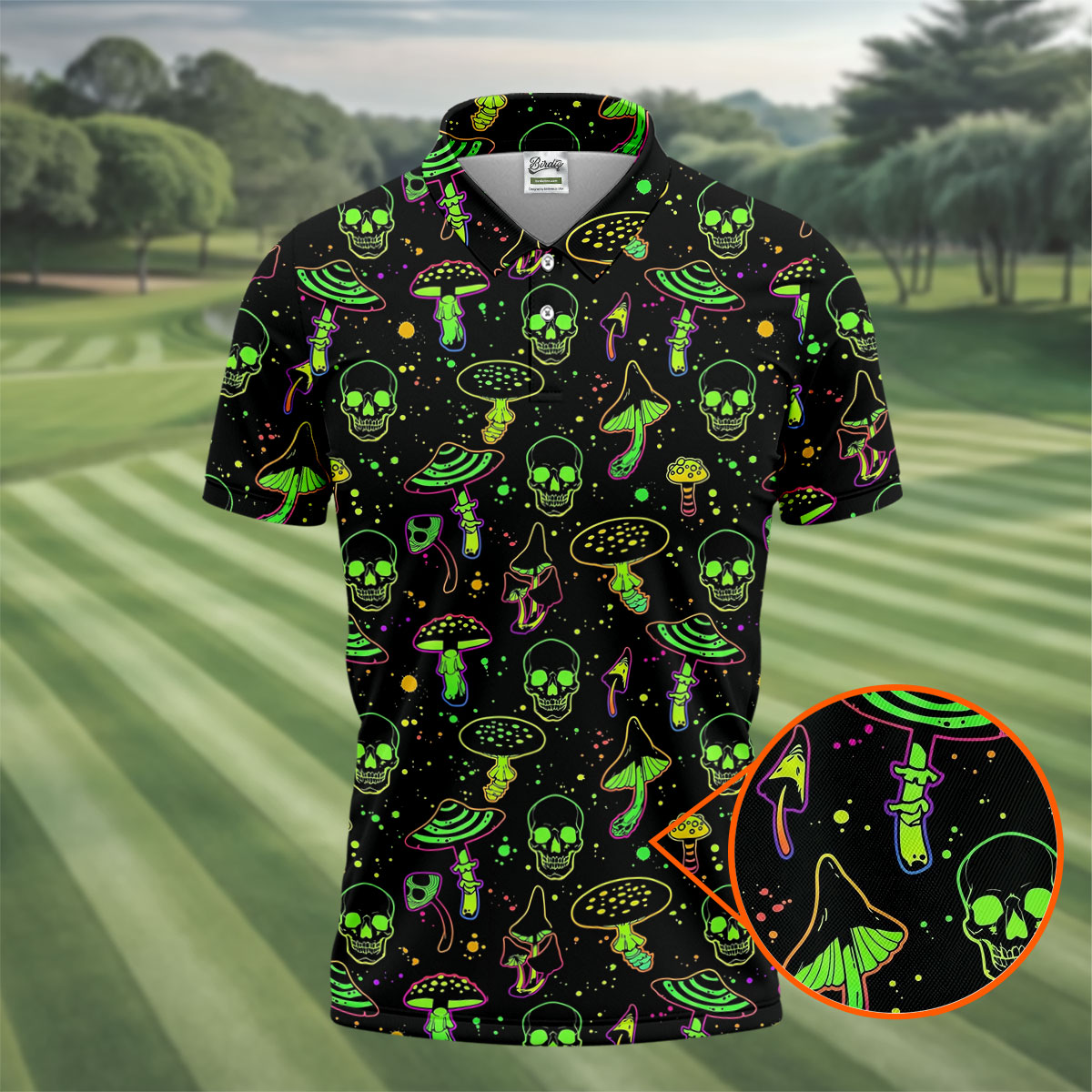 Mushroom And Skull Neon Pattern Hawaiian Golf Shirt, Men's Funny Golf Shirts