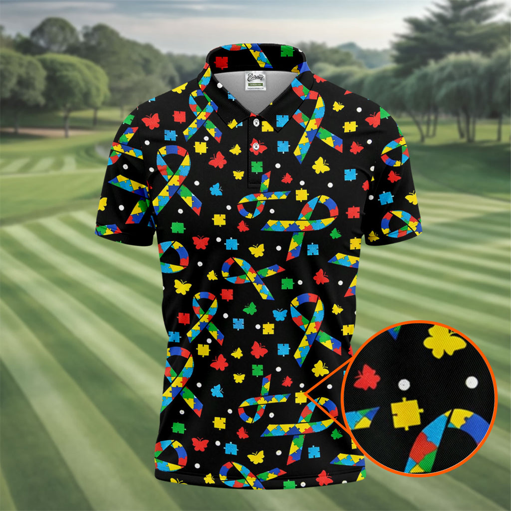 Autism Awareness Ribbon Colorful Butterflies Black Golf Shirt, Golf Tops For Men, Golf Shirts For Men
